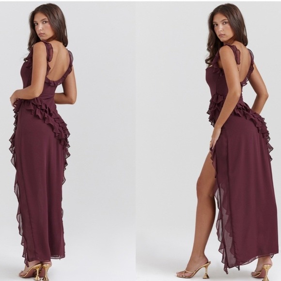 chinese dress ladies HOUSE OF CB ARIELA MULBERRY RUFFLE MAXI DRESS SIZE 6, 8, 10  Curated  Collection